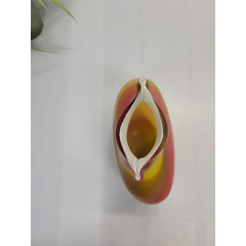 Vintage Azerbaijan Art Glass Vase Yellow Orange Red Satin Swirl Baijan Pinch Top